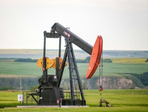 red oil rig working