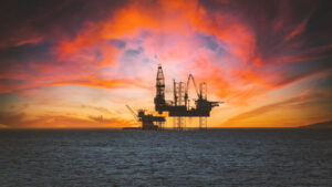 offshore oil rig at sunset