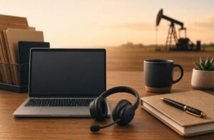 desk with laptop, headset, and mug on it with oil rig in background